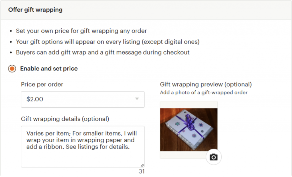 Screenshot of Etsy's gift wrapping setup screen